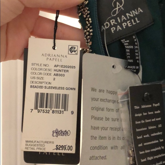 NWT! Adrianna Papell Beaded Bodice Column Gown‎ Hunter [ SZ 2 ] - Picture 8 of 8